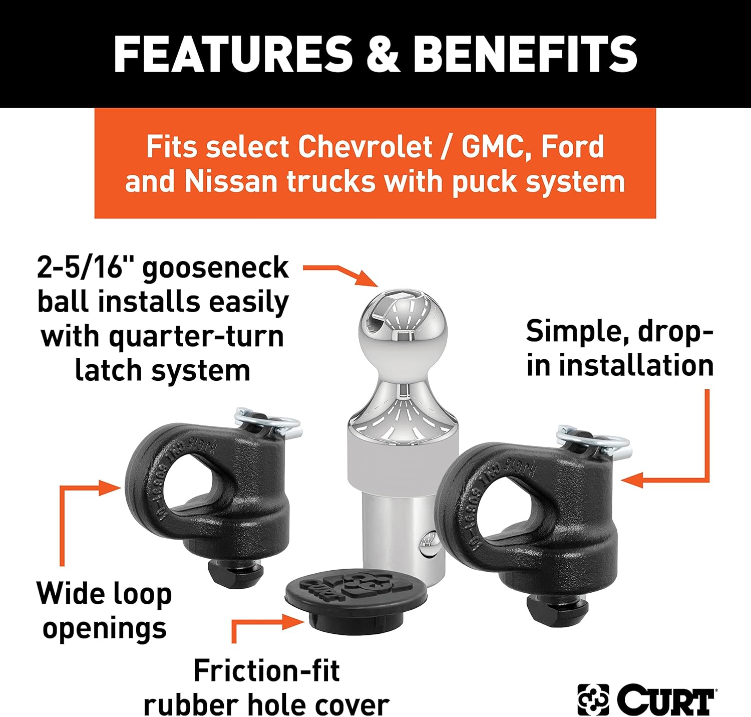 CURT 60639 OEM Puck System Gooseneck Hitch Kit for Chevrolet, Ford, GMC, Nissan Trucks, 38,000 lbs. GTW, 2-5/16-Inch Ball, Pucks Required