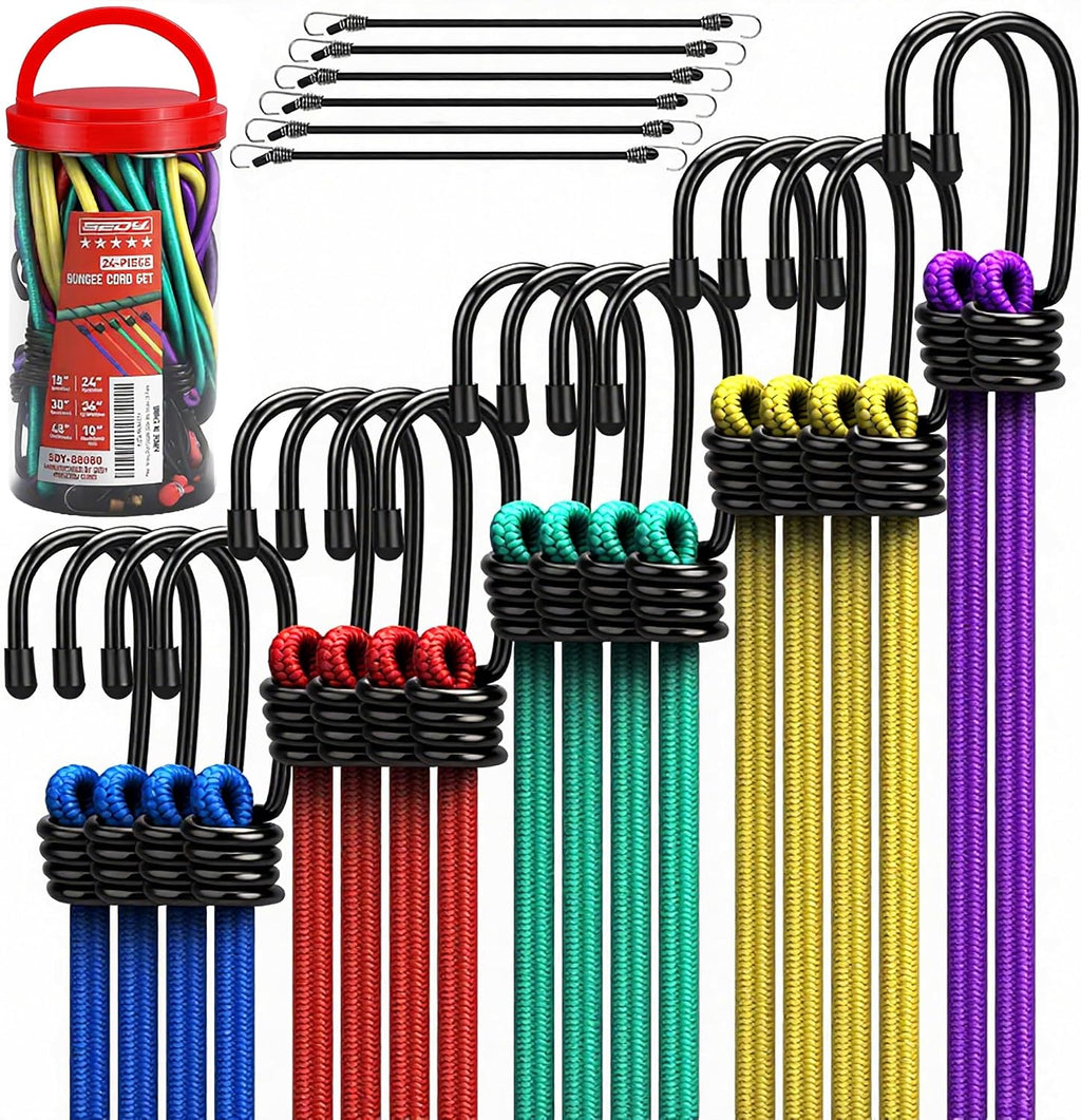 24-Piece Premium Bungee Cords Heavy Duty Outdoor, Bungee Cords with Hooks in a Storage Jar Includes 10", 18", 24", 30", 36", 48" Bungie Cord Bundle Assortment for Camping, Tent, Fastening Items