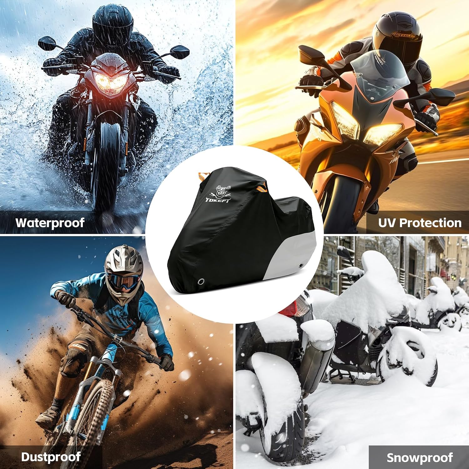 Motorcycle Cover Waterproof All Season Outdoor Protection, Fits up to 116 Inch, Compatible with Cruisers & Touring Models, with Locking Holes & Reflective Strips (Black&Silver)