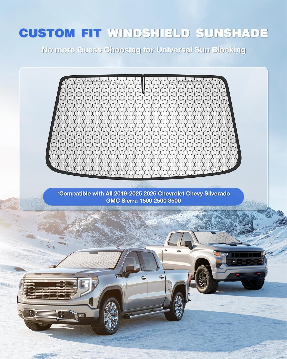 Custom Fit Windshield Sun Shade for Chevrolet Silverado & GMC Sierra 1500/2500/3500 (2019–2026), Edge-to-Edge No-Gap Fit, Blocks Heat & UV, Step Into a Cooler Truck