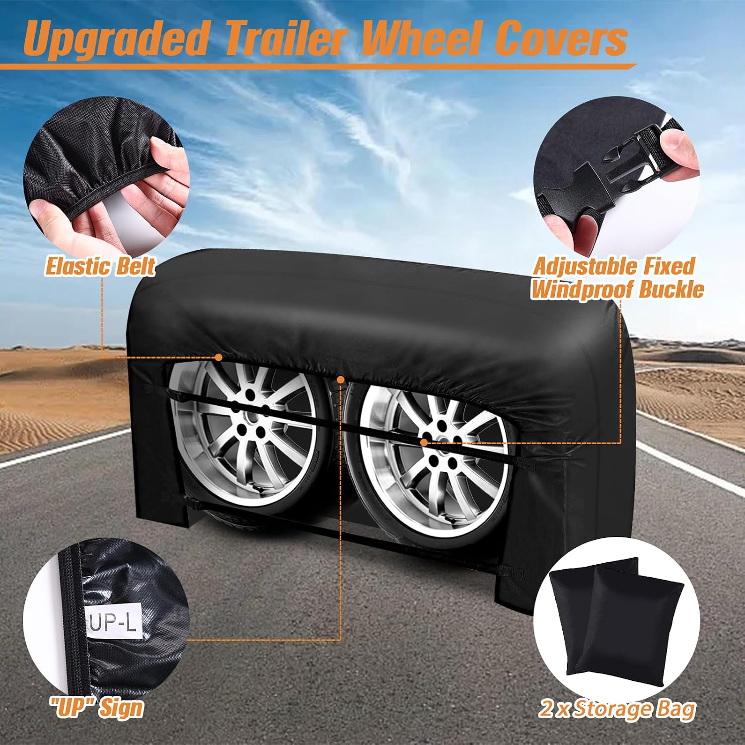 RV Tire Covers 2 Pack, 840D Heavy Duty Dual Trailer Tire Covers Fits 27"-30" Diameter Tires,Waterproof RV Wheel Covers with Waterproof Strip,2 Windproof Buckles，Universal Wheel Covers for Truck