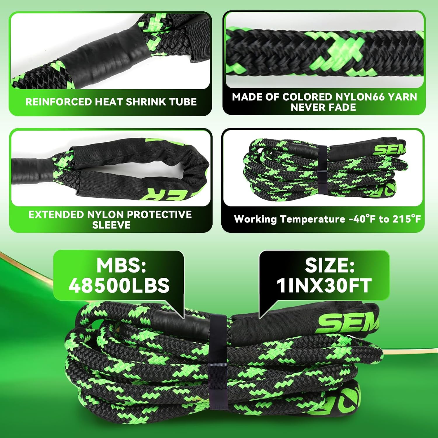 Kinetic Recovery Rope, 1" x 30ft 48500LBS, Kinetic Rope Recovery Kit with 2 Soft Shackles, Heavy Duty Offroad Snatch Strap, 35% High Elasticity Tow Ropes for Trucks SUV UTV (Blue, 10FT)