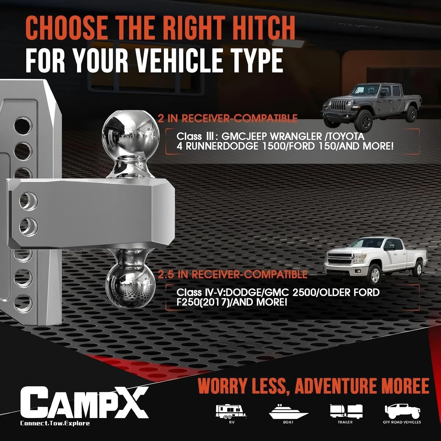 Adjustable Trailer Hitch Fits 2" Receiver 6-Inch Drop/Rise, Silver | Aluminum Tow Hitch with Reflector, 14,500 LBS GTW for Heavy Duty Towing, 2" & 2-5/16" Ball Mounts for RV,SUV, ATV and Truck