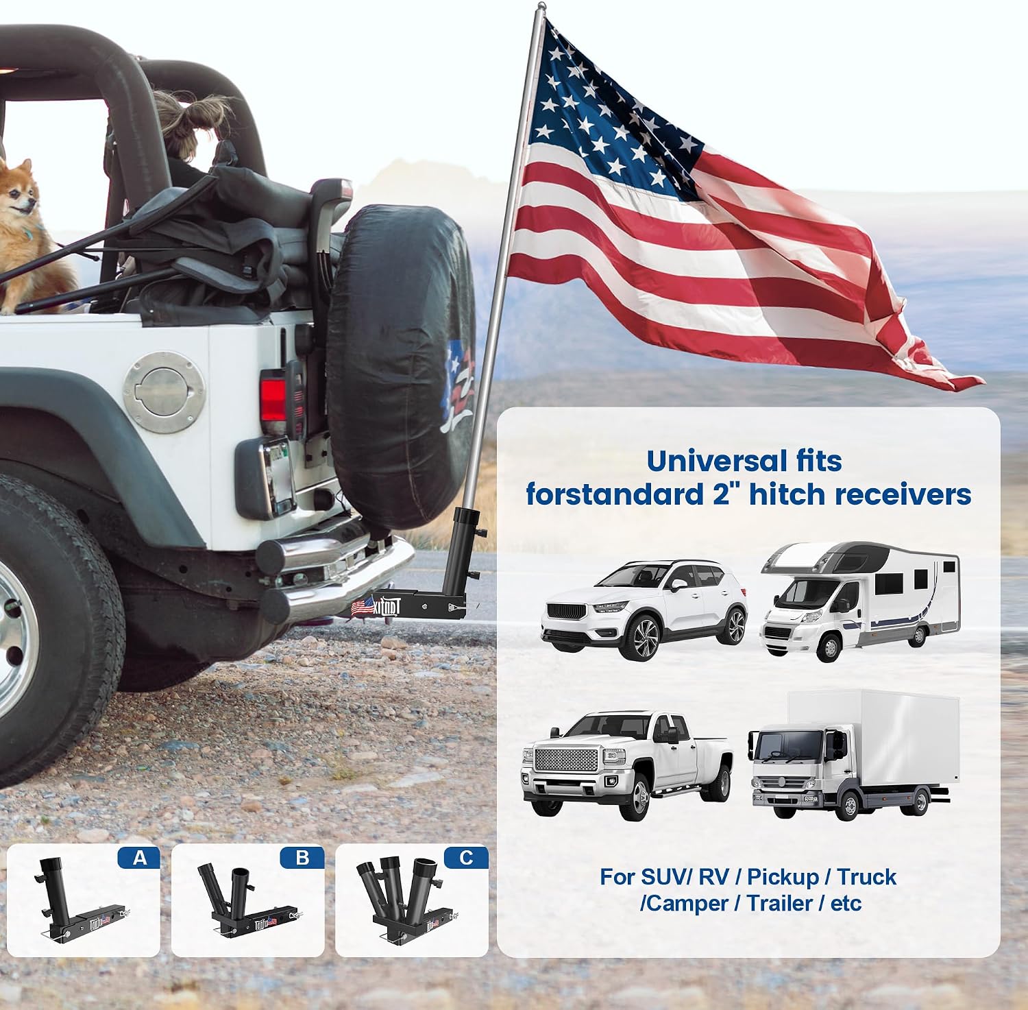 Foldable Hitch Mount Flagpole Holder | All Metal Heavy- Duty, Fits Standard 2" Trailer Hitch, Compatible with Jeep, Truck, SUV, RV, Pickup, Camper Trailer (ONE Flagpole)