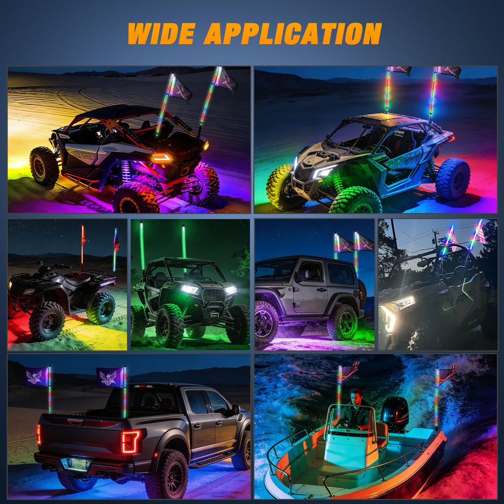 Nilight 2PCS 3FT RGB LED Whip Light with Spring Base and 8 PCS Rock Lights Combo, Remote App Control w/DIY Chasing Patterns Turn Signal Brake Reverse Antenna Lighted Whips for ATV UTV Polaris RZR Jeep