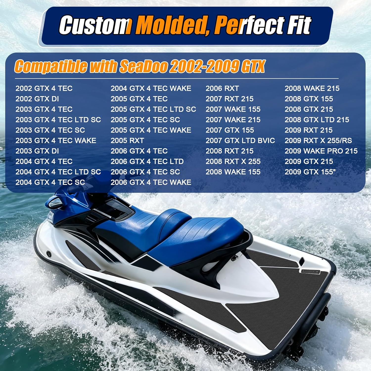 Traction Mats Fit for 2002-2009 SeaDoo GTX/RXT/Wake 4Tec/DI/LTD/SC | Ski-Jet Deck Board Non-slip Carpet Flooring Kit, Custom Fit Motorboat Swim Platform Foam