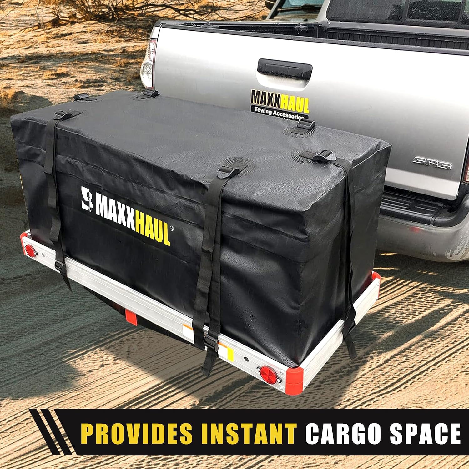 MaxxHaul 70209 Soft Shell Cargo Carrier Bag for Hitch Mount Cargo Rack - Heavy Duty and Water Resistant 47 inch 20 inch x 20 inch Black with Tie Down Straps