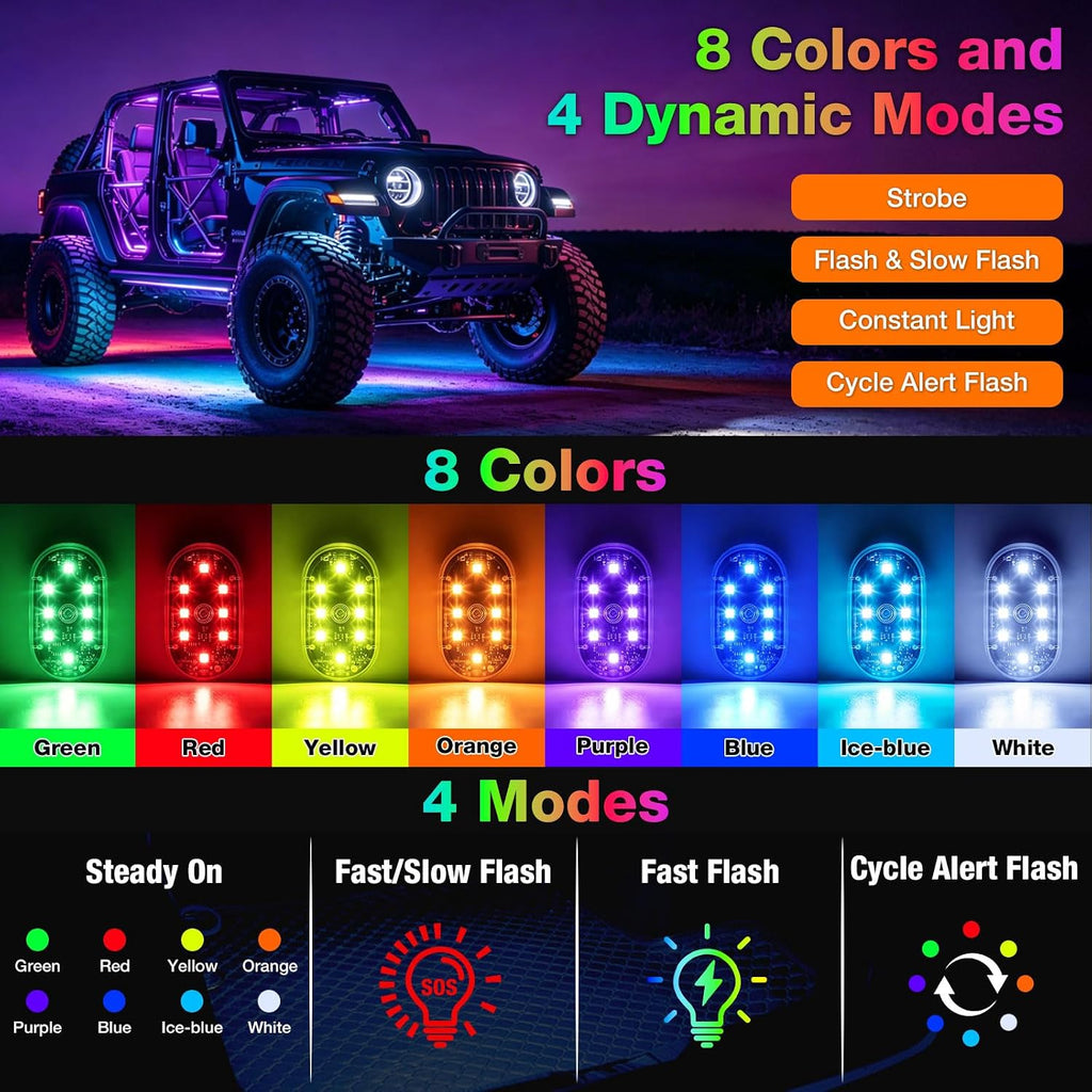 4Pcs Magnetic LED Interior Car Lights – 8 Colors RGB Wireless Ambient Lighting with Remote & Touch Control, USB Rechargeable Portable Strobe Nightlight for Footwell Door Dash Glove Box – Car Truck SUV