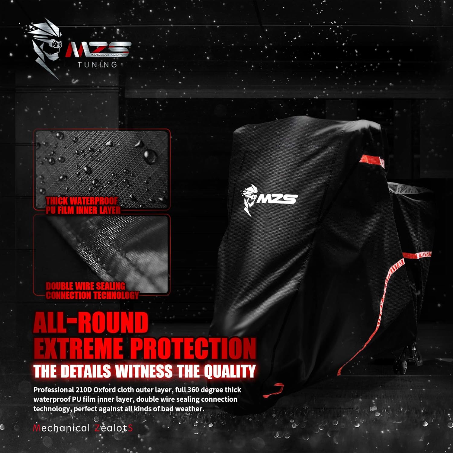 MZS Motorcycle Cover - All Season Weather Outdoor Waterproof Protection fits up to 86 inch L Compatible Sport Bikes Cruiser - Vents Night Reflective Tear Scratch Proof Sunblock Adjuster Buckle