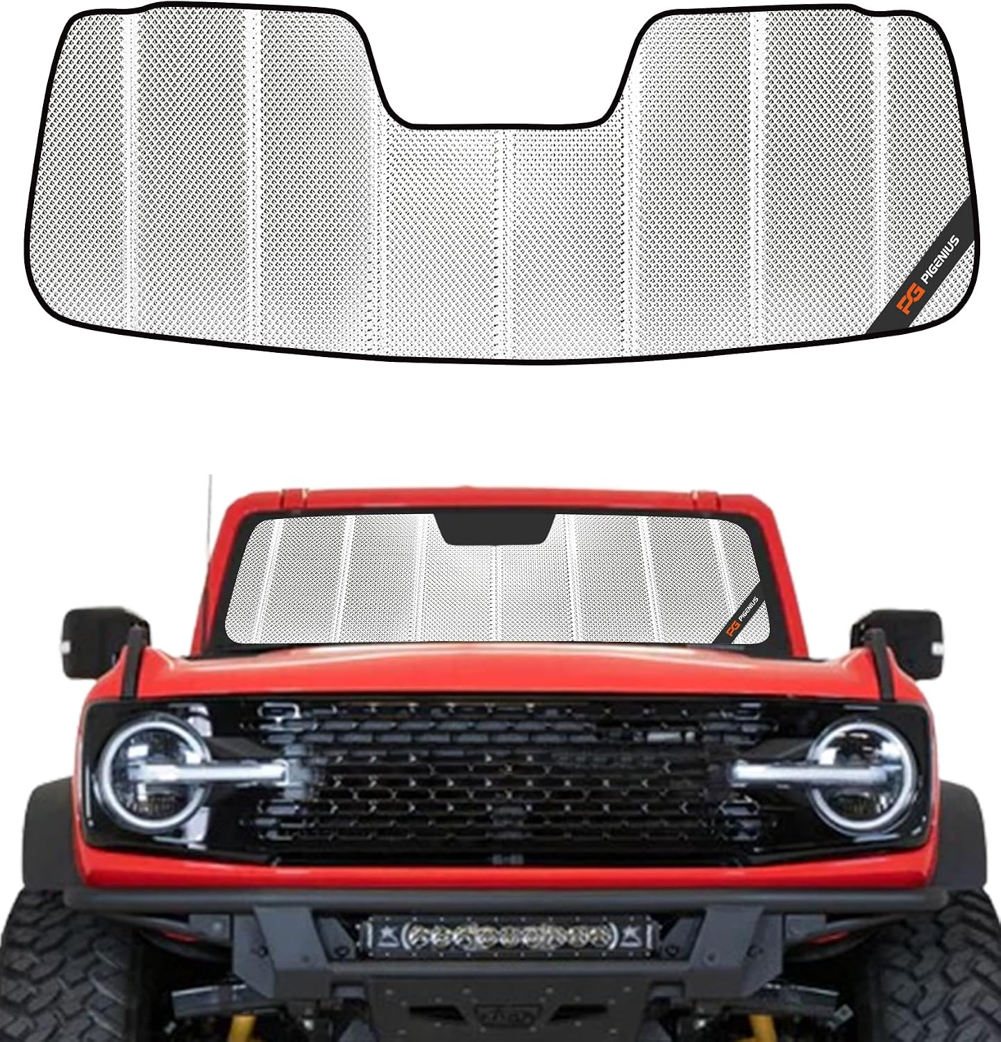 Pigenius Windshield Sun Shade for Ford Bronco 2021-2025. Reflective Aluminum Film Front Window Sunshade - BLAZBLOCK