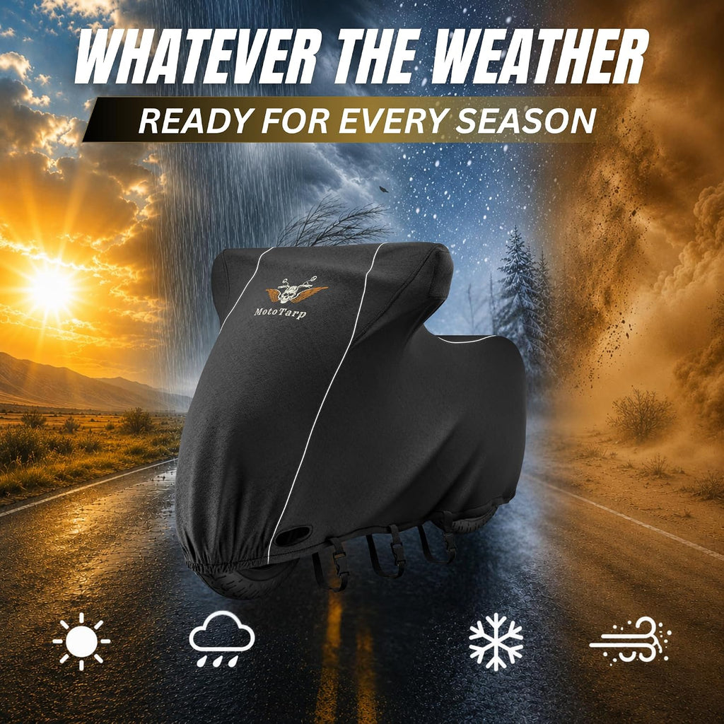 600D Heavy Duty Motorcycle Cover for Cruiser Models, Waterproof Outdoor All-Season Weatherproof Protection with Air Vents, Exhaust Heat Shield & Reflective Strips, Fits up to 96″