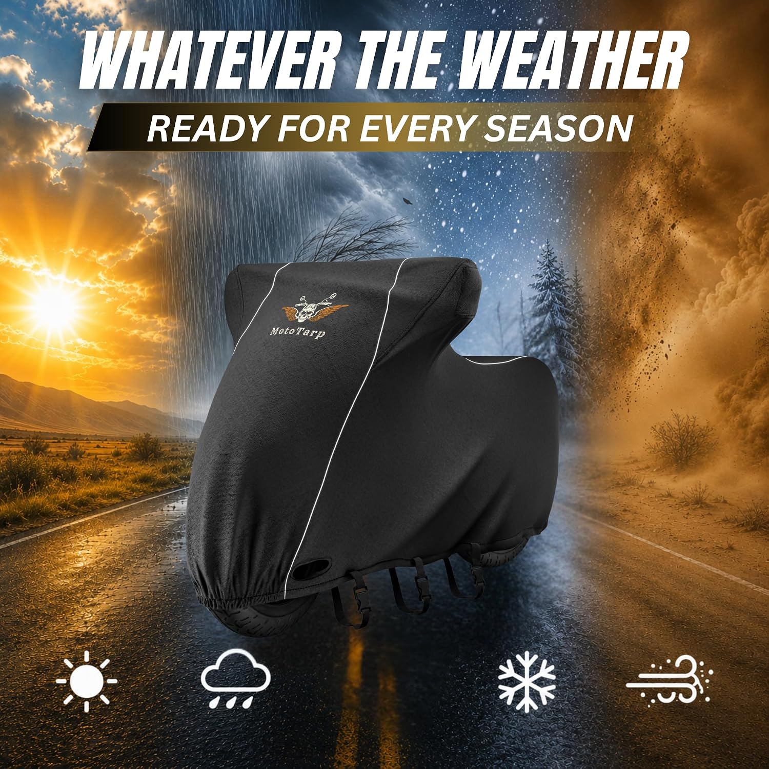 600D Heavy Duty Motorcycle Cover for Cruiser Models, Waterproof Outdoor All-Season Weatherproof Protection with Air Vents, Exhaust Heat Shield & Reflective Strips, Fits up to 96″