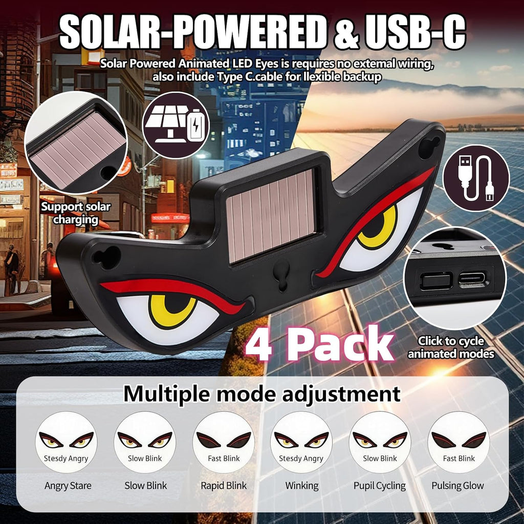 Solar Demon Eye LED Car Wireless Window Light, 4Pack LED Wireless Ambient Lamp with 6 Lighting Modes,Flicker Signal Warning Light RGB Led Light Kit for Cars, SUVs, Trucks, Vans
