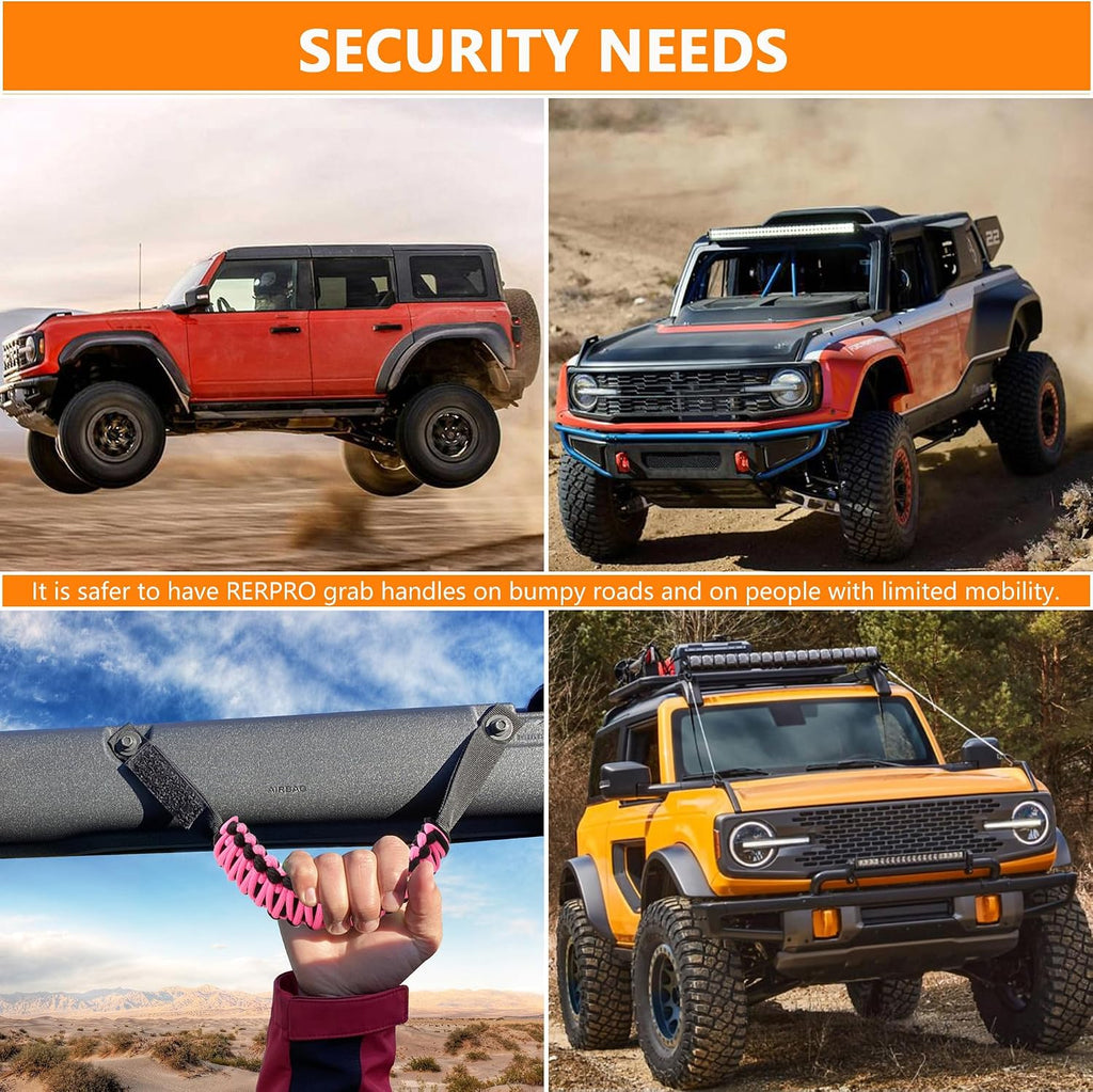 Roll Bar Grab Handles for 2021 2022 2023 2024 2025 2026 Ford Bronco 2 Door 4 Door Accessories Paracord Grip Handle, No Embroidery, 2 Pack Pink