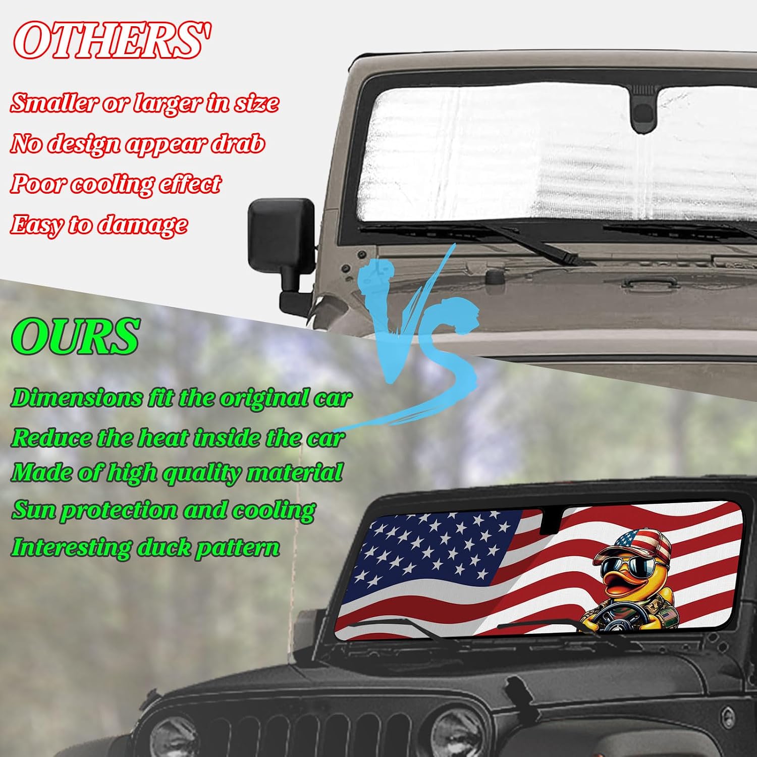 OYIXIO Duck Windshield Sun Shade, Cute Shade Heat Shield，51.57 in *16.14 in, Compatible with JK JKU TJ 2 Door / 4 Door. (Flag)