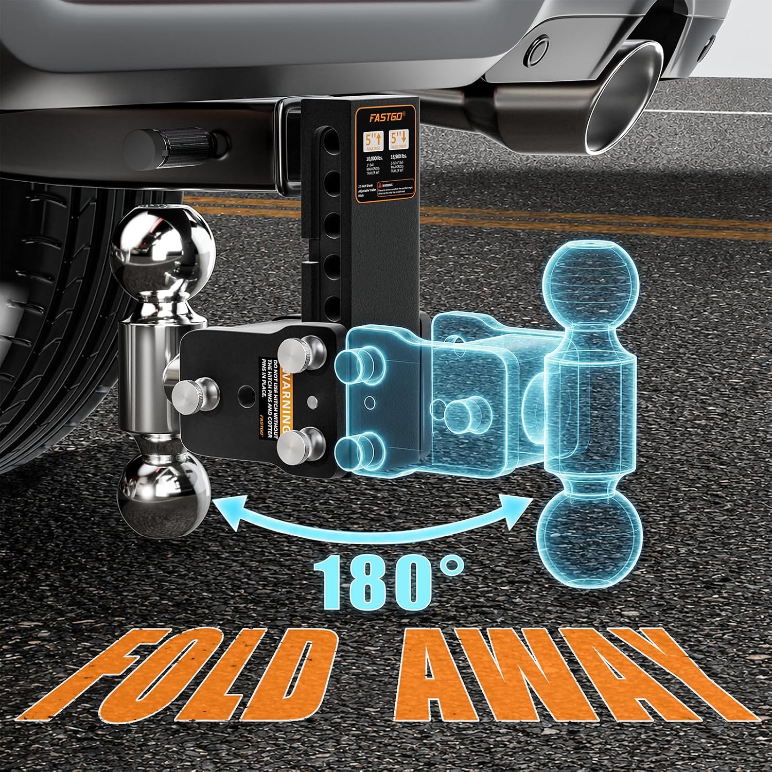 Fastgo Trailer Hitches - Fits 2.5" Receiver, Adjustable Trailer Hitch Ball Mount, Dual Ball (2" x 2-5/16") Tow Hitch, Drop Hitch, Truck Hitch, Anti-Theft, 5" Drop/Rise, 18500GTW