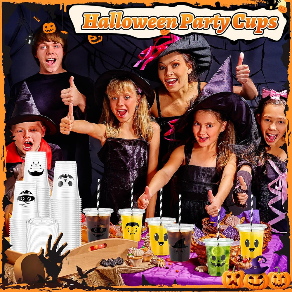 12oz Halloween Disposable Plastic Cups with Lids and Straws