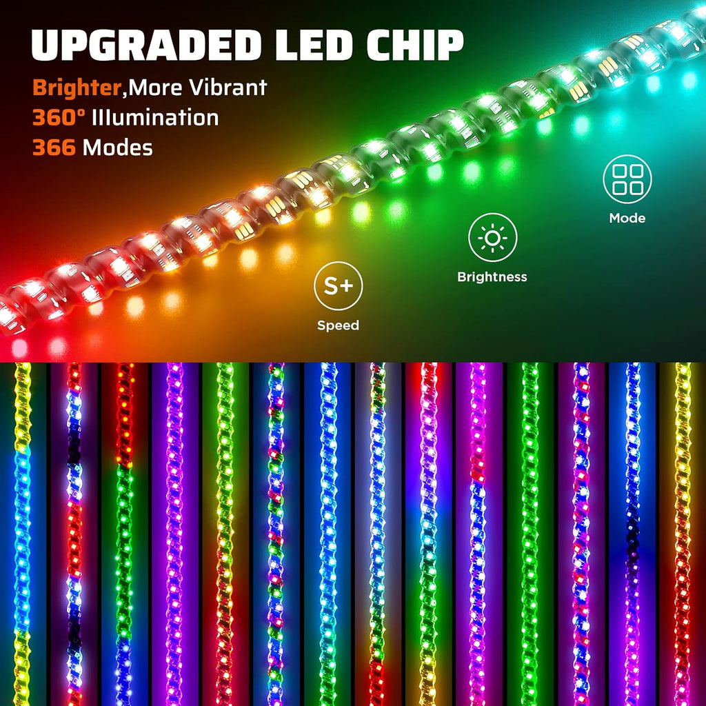 Ehaho 2 PCS 3FT Whip Lights with Spring Base, APP & Remote Control Led Whip Lights for Side by Side, Spiral RGB Chasing Lighted Whips with Rocker Switch, Music Led Whips for UTV ATV RZR SXS Can-Am