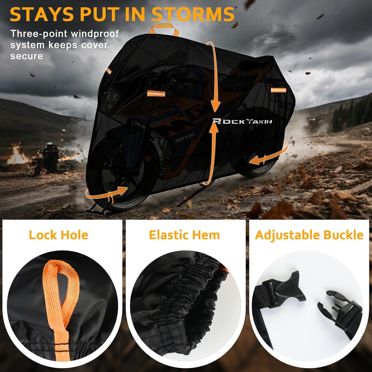 ROCKTAKIN 300D Heavy Duty Motorcycle Cover, Waterproof All Season Outdoor Protection with 4 Reflective Strips & Lock Holes, Fits Most Cruisers, Touring Bikes and Scooters up to 96.5"