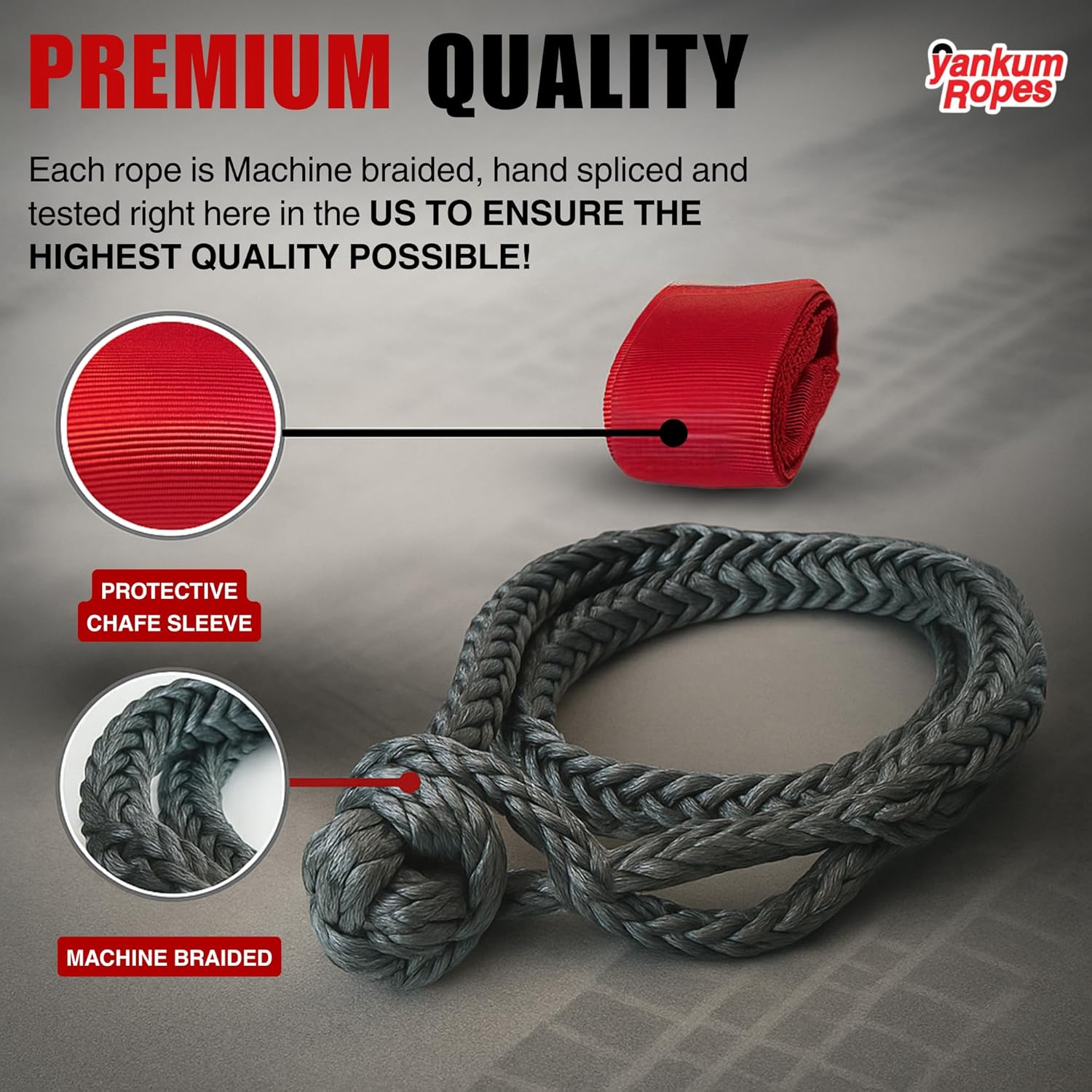Yankum 7/16" Soft Shackle with Red Chafe Sleeve - Synthetic Recovery, Heavy Duty Tow Shackle, Soft Shackles for Towing, Off-Road Recovery Gear, Made in USA