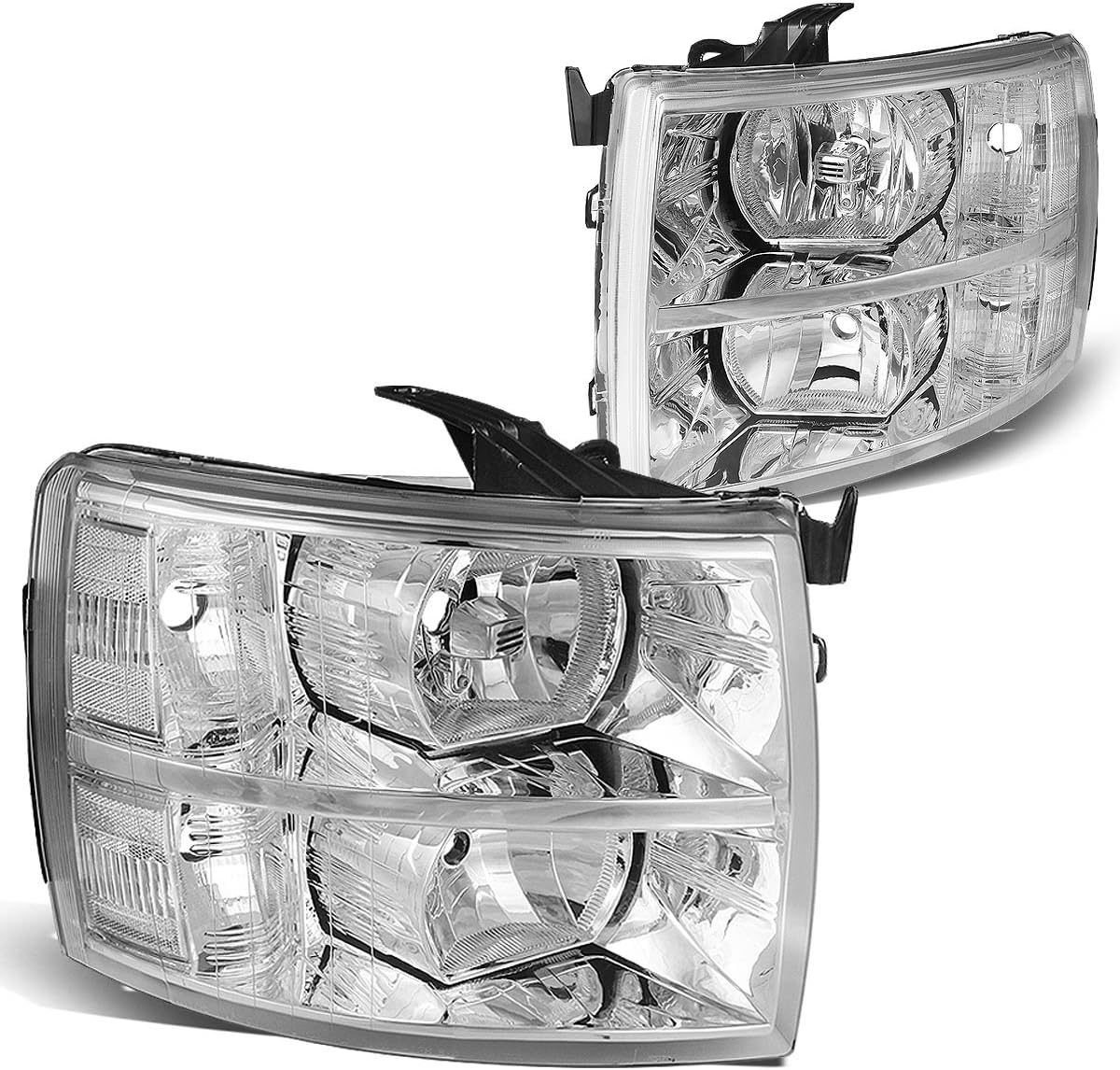 DNA MOTORING HL-OH-CSIL07-CH-CL1 Pair of Chrome Housing Headlights Compatible with 07-13 Silverado 1500/07-14 Silverado 2500 HD 3500