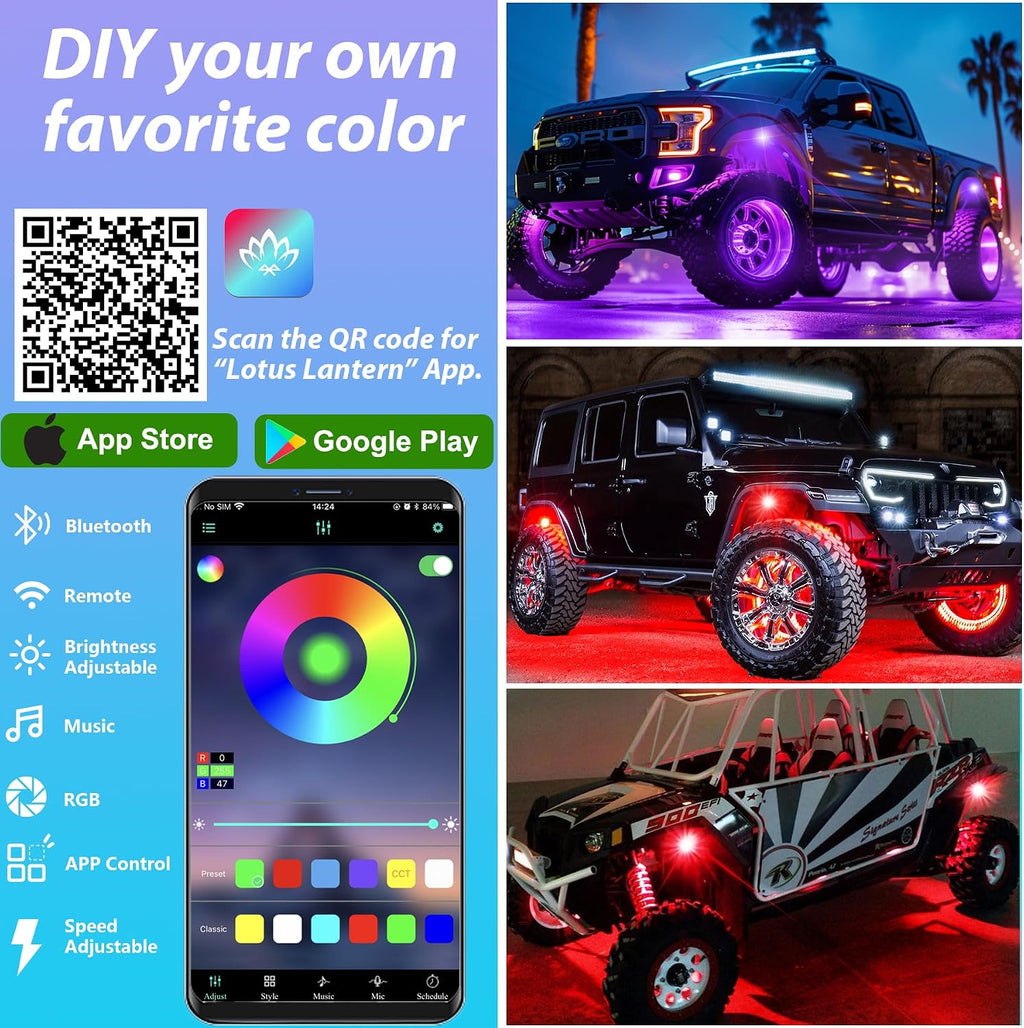 4 Pods RGB LED Rock Lights, Underglow Multicolor Neon Light Kit, Wheel Well Light with APP Control & Music Mode, Under Glow Lights for Trucks,Jeep,SUV,Golf Cart,ATV,Pickup Off Road,12V