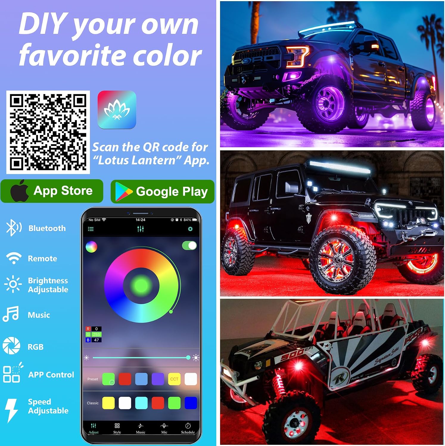 4 Pods RGB LED Rock Lights, Underglow Multicolor Neon Light Kit, Wheel Well Light with APP Control & Music Mode, Under Glow Lights for Trucks,Jeep,SUV,Golf Cart,ATV,Pickup Off Road,12V