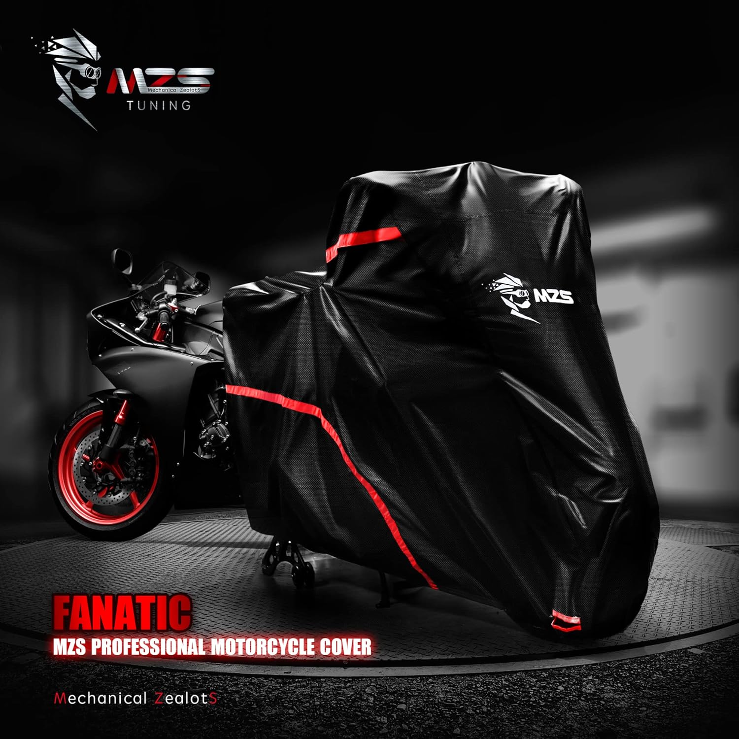 MZS Motorcycle Cover - All Season Weather Outdoor Waterproof Protection fits up to 86 inch L Compatible Sport Bikes Cruiser - Vents Night Reflective Tear Scratch Proof Sunblock Adjuster Buckle