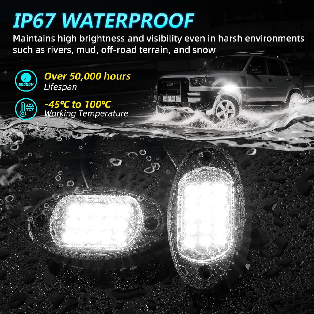 20Pods All Pure White LED Rock Lights Full Kit Plug and Play & Pre Wired 6500K with Switch Wiring Harness Extension Fuse Long Wires, 300Chips Waterproof Underglow 12V for Semi Trucks Pickup Offroad