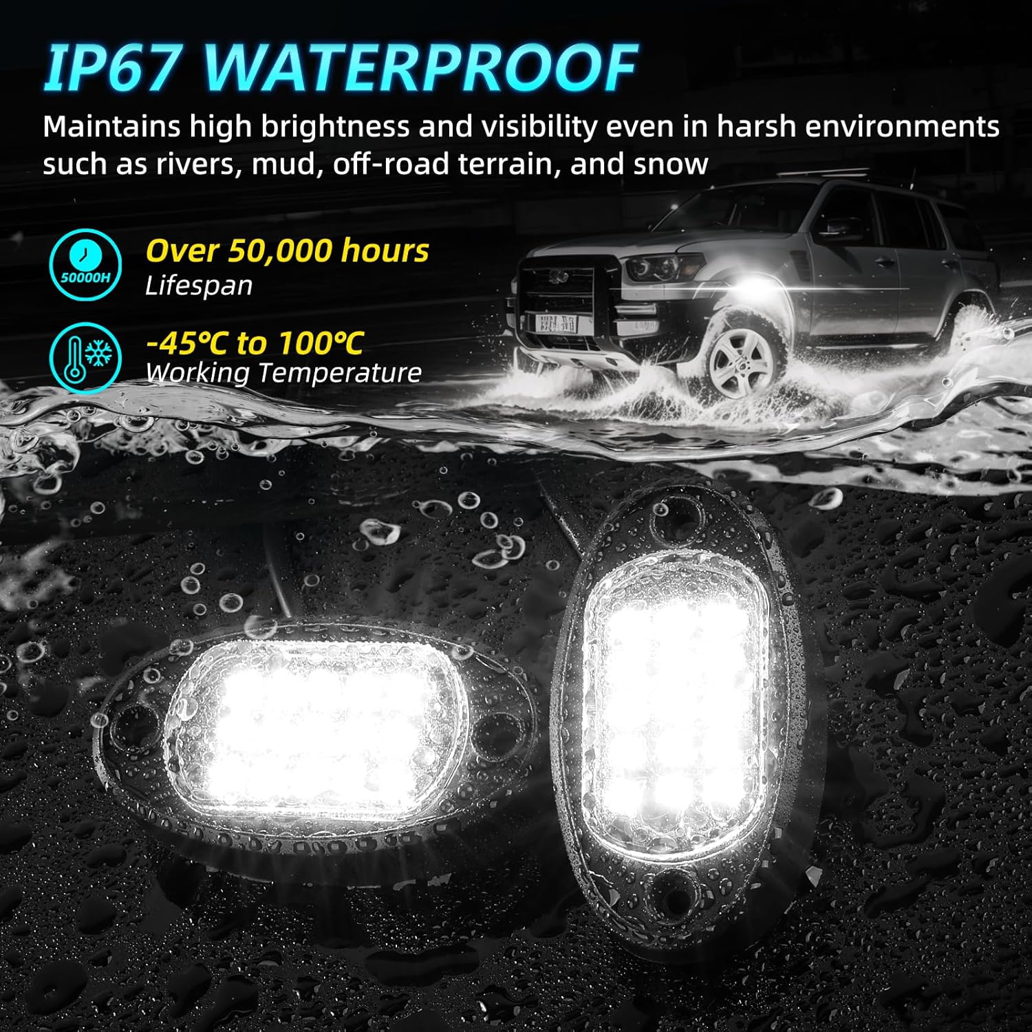 20Pods All Pure White LED Rock Lights Full Kit Plug and Play & Pre Wired 6500K with Switch Wiring Harness Extension Fuse Long Wires, 300Chips Waterproof Underglow 12V for Semi Trucks Pickup Offroad