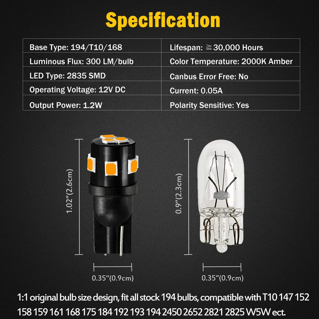 AUXLIGHT 194 168 2825 T10 LED Interior Light Bulbs Amber Yellow, Super Bright Replacement for Dome Map Door Trunk Courtesy License Plate Sidemarker Parking RV Camper Lights (Pack of 12)