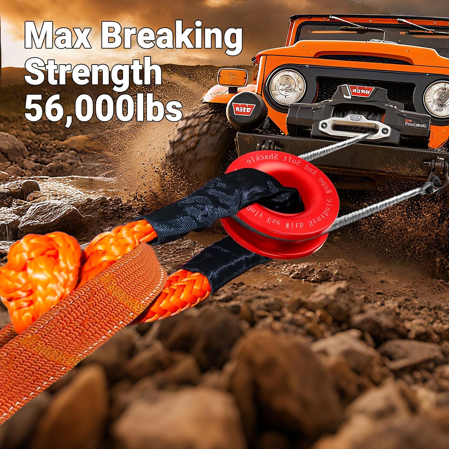 Synthetic Soft Shackle Rope 1/2 x 22 Inch Orange Recovery Tow Shackles with Red Snatch Recovery Ring 56,000lbs Breaking Strength Offroad Soft Shackle Recovery Kit for Off-Road ATV UTV Vehicles