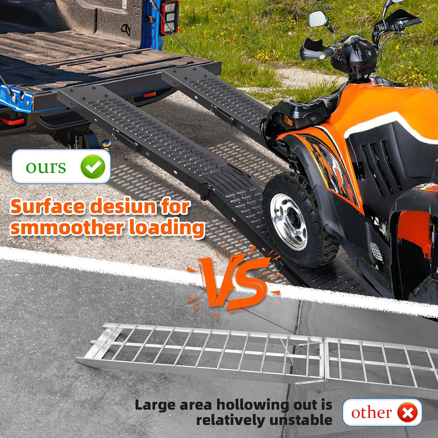 72.5" Heavy Duty Folding Loading Ramps with Sandblasted Finish, 1500lb Capacity, Ideal for Motorcycles, Lawn Mowers, ATVs, UTVs, and More – Pack of 2 with Safety Straps and Gloves