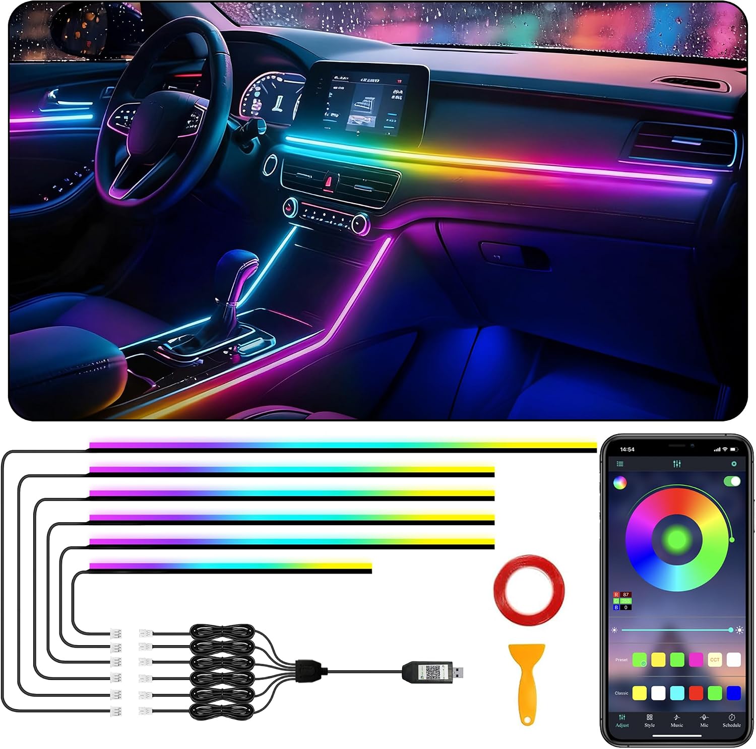 Interior Car LED Strip Lights, RGB 6 in 1 Dynamic Dreamcolor Chasing Acrylic LED Lights for Car, USB Powered Ambient Lighting Kits with Wireless APP, Sound Active Function Car Neon Lights (6 in 1)