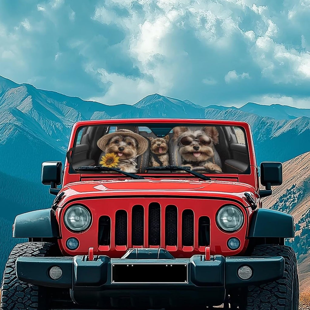 Tuoxiukan Yorkshire Terrier Heatshield Sunshade for 2007-2023 Wrangler Rubicon Sahara TJ JK JKU 2 & 4 Door 52x16 Inches Front Window Sunshade Reflect UV Sun and Heat Protect Your Car Interior