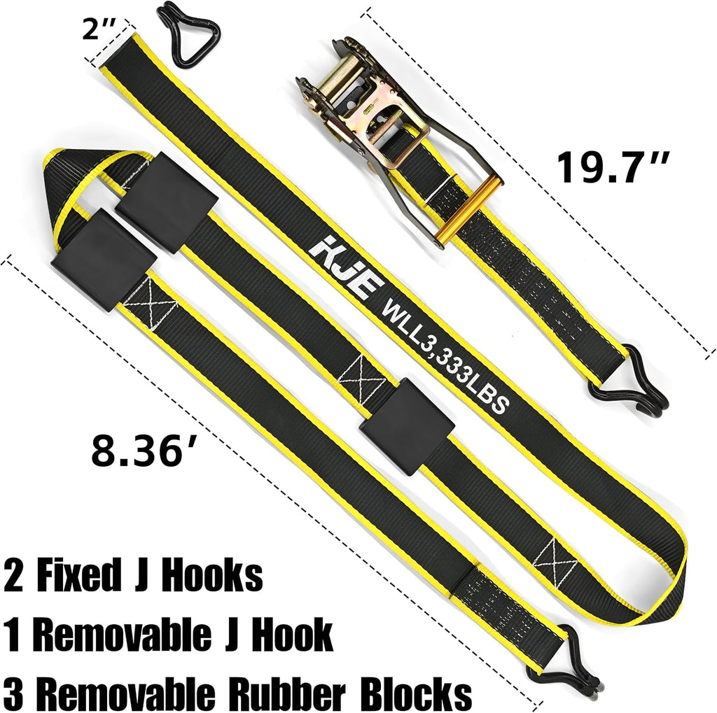 KJE Reflective Car Tie Down Straps for Trailers 4 Pack- Premium Tire Ratchet Strap with (3) J Hooks (3) Rubber Blocks - 2" x 10' 10,000LBS Break Strength - Wheel Straps for Hauling UTV, SUV, Any Cars