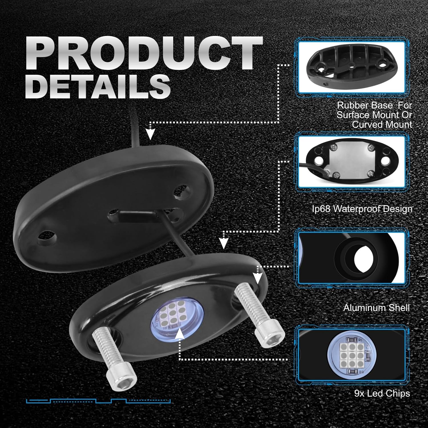 LED Rock Lights 8 Pods Blue for Truck Motorcycle Car Shockproof Waterproof Underbody Glow Neon Trail Rig Fender Lighting