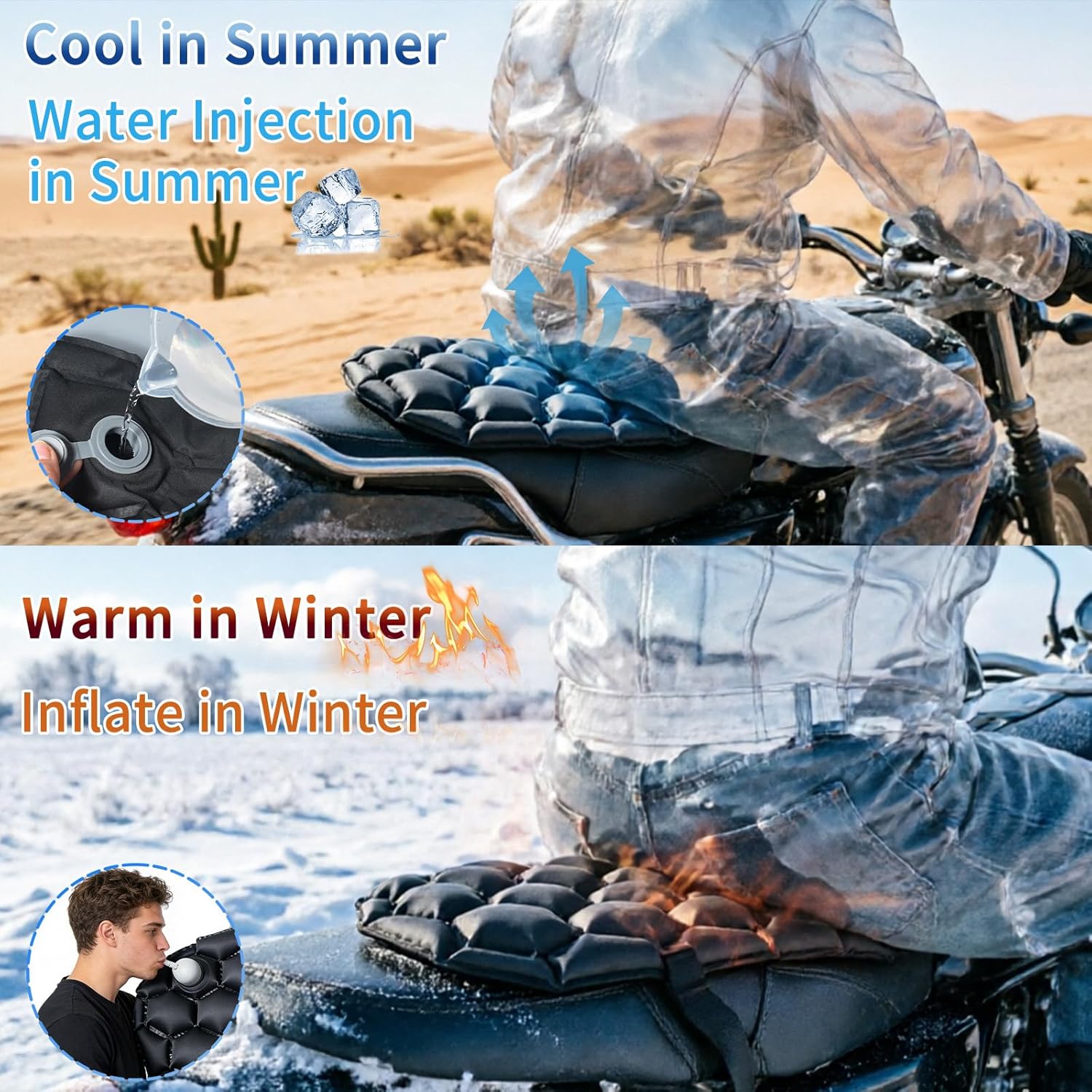 Foldable Motorcycle Seat Cushion with Air and Water Filling, Air Convection Bladder Motorcycle Seat Pad for Pressure Relief and Shock Absorption on Suitable for Long and Short Distance Cycling