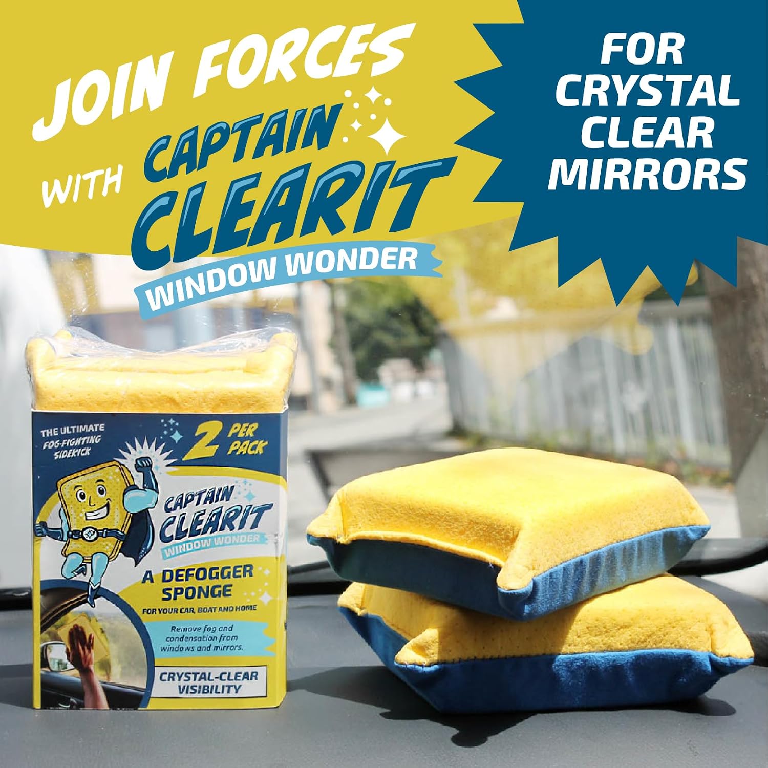 JJ KENT Captain Clearit Window Cleaner Sponge for Windshields, 2 Pack | Car window cleaner tool, non-scratch sponge for fog, steam, condensation, mirrors, glass, boats and bathroom surfaces