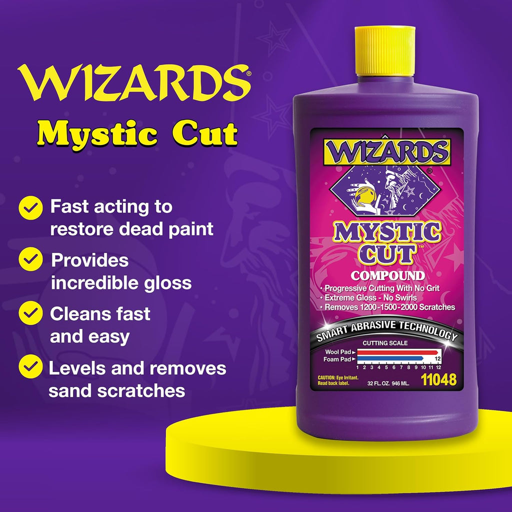 Wizards Mystic Cut Smart Abrasive for Auto Detailing Supplies - No Mess Scratch Remover for Vehicles - Water Based Cutting Compound - Removes Swirls, Defects, Fading, Water Spots - 32 oz