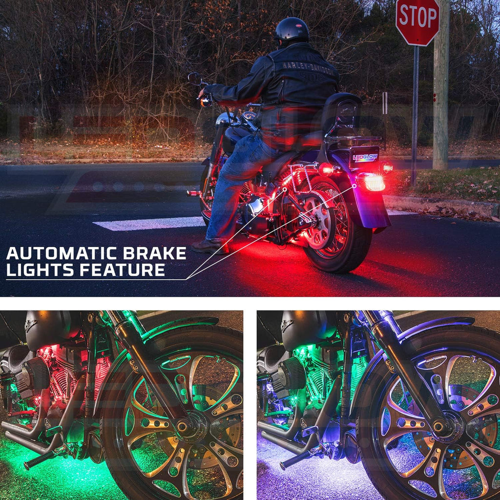 LEDGlow 12pc Bluetooth Advanced Million Color LED Motorcycle Accent Underlow Lighting Kit - Smartphone App - Dual Zone & Brake Lights Feature - Waterproof Control Box - Multi-Color Flexible Strips