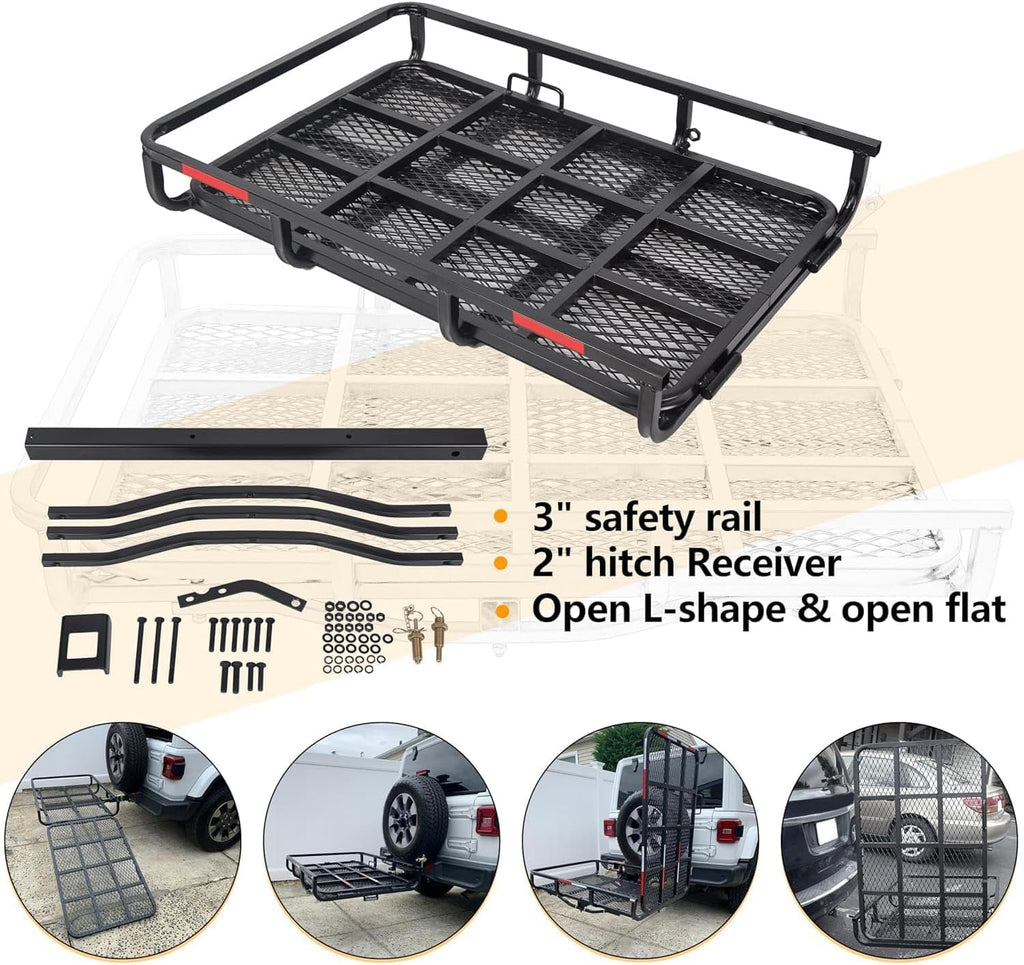 ECOTRIC Hitch Mount Wheelchair Carrier with Mobility Ramp for Wheelchair | Scooter Lawn Mower Snow Blower Hauler 500lb Capacity Basket-Style, 73lbs Weight
