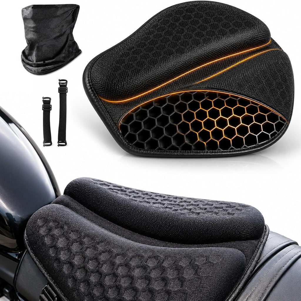 Motorcycle Seat Cushion, 3D Honeycomb Gel Motorcycle Seat Pad for Long Rides, Shock Absorbing Breathable Gel Seat Cushion, Universal Non-Slip Motorcycle Seat Cover with Fixing Straps (Black)