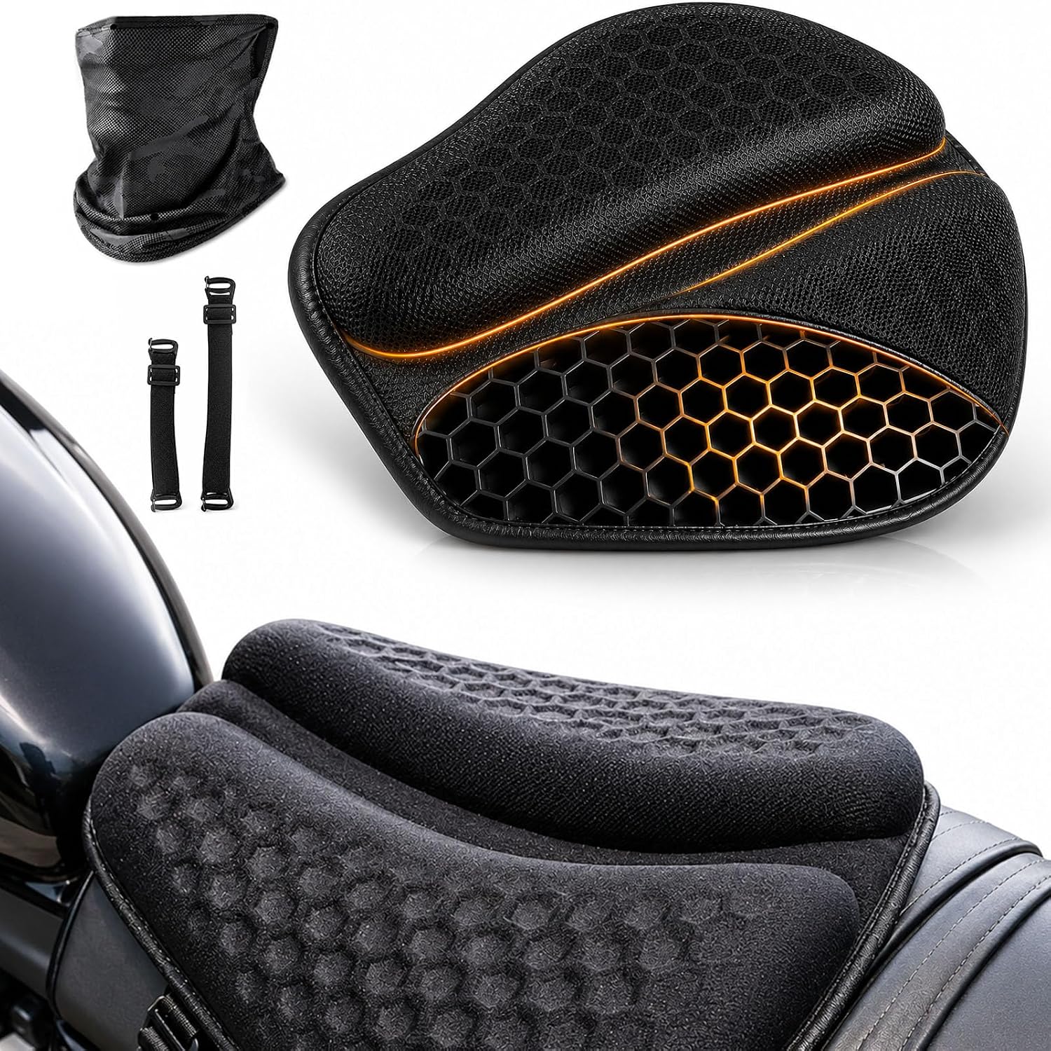 Motorcycle Seat Cushion, 3D Honeycomb Gel Motorcycle Seat Pad for Long Rides, Shock Absorbing Breathable Gel Seat Cushion, Universal Non-Slip Motorcycle Seat Cover with Fixing Straps (Black)
