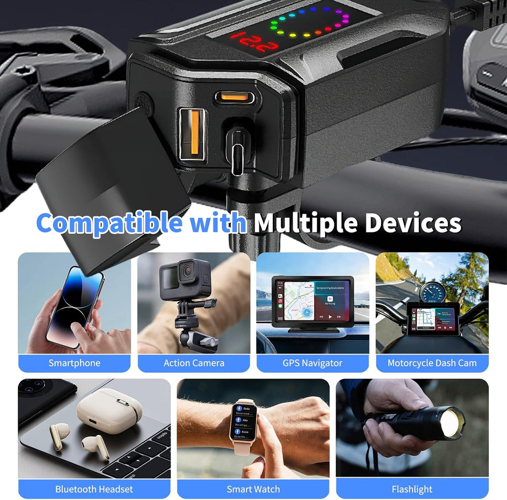 Motorcycle USB Charger, 3-in-1 Fast Charging with USB-A & USB-C + Retractable Type-C Cable, 12–24V Waterproof IP56, LED Voltmeter, Handlebar & Mirror Mount for Motorbike ATV