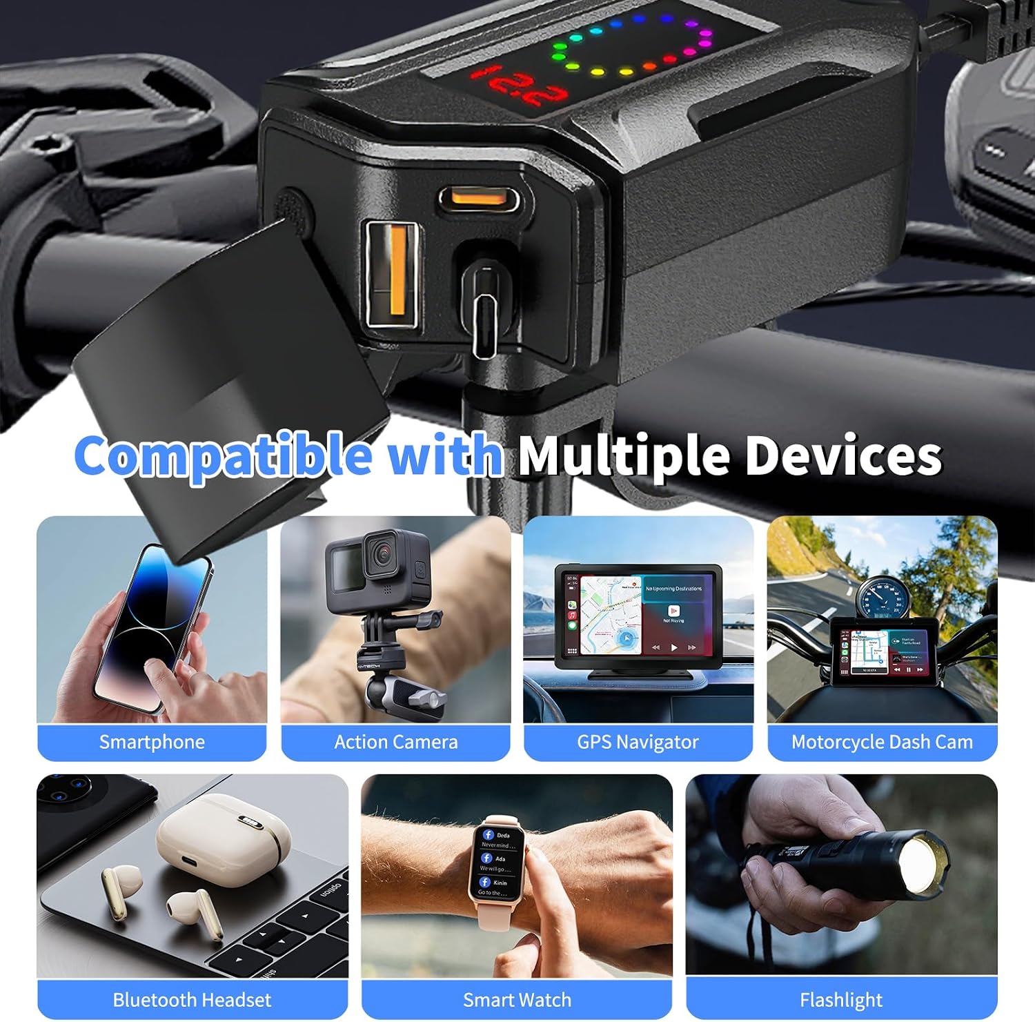 Motorcycle USB Charger, 3-in-1 Fast Charging with USB-A & USB-C + Retractable Type-C Cable, 12–24V Waterproof IP56, LED Voltmeter, Handlebar & Mirror Mount for Motorbike ATV