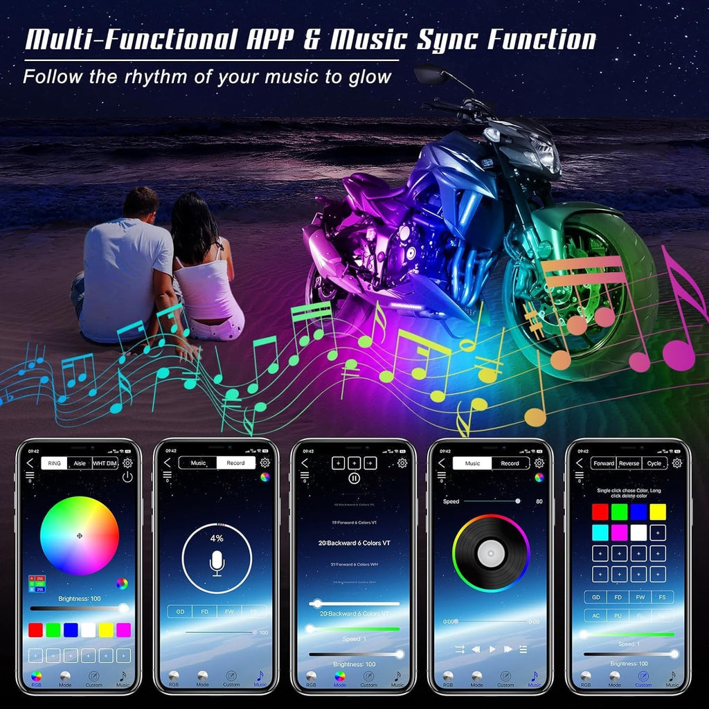 6 Pcs Motorcycle LED Light Kits, App Control Multicolor Waterproof Motorcycle LED Strip Lights, Music Sync & Multiple Scene Modes RGB LED Lights for Motorcycles, DC 12V