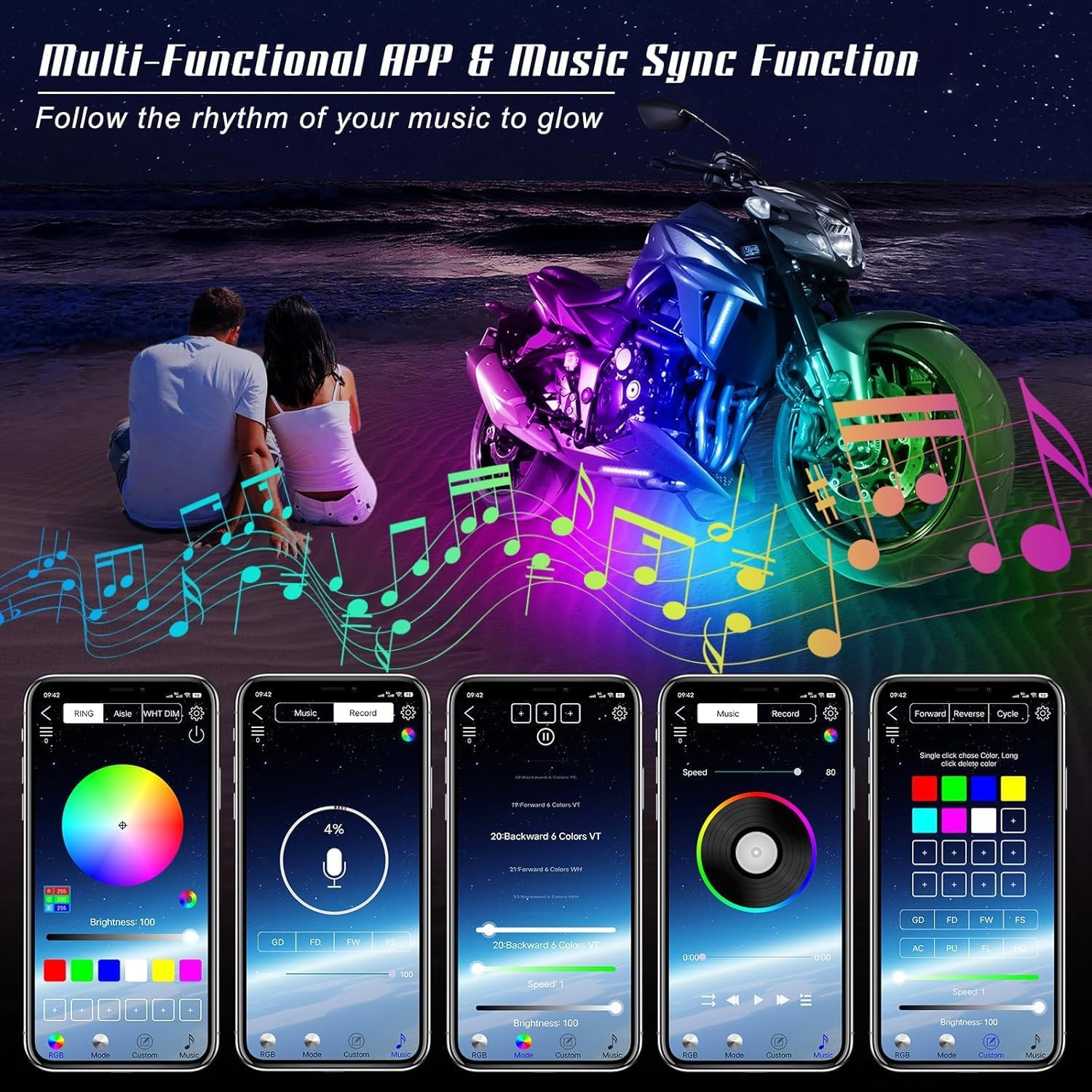 4 Pcs Motorcycle LED Light Kits, App Control Multicolor Waterproof Motorcycle LED Strip Lights, Music Sync & Multiple Scene Modes RGB LED Lights for Motorcycles, DC 12V