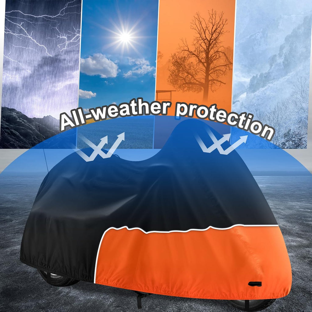 Trike Cover, Waterproof 3 Wheel Motorcycle Cover for Harley Davidson, Honda Goldwing, Kawasaki Trike Accessories, with Windproof Buckle, Reflective Strap, Black&Orange