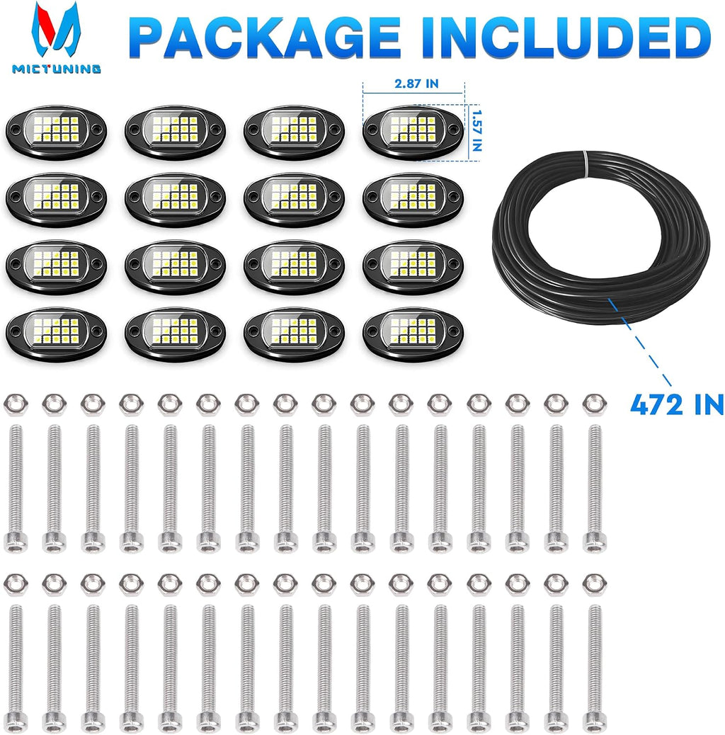 MICTUNING Upgraded 240 LEDs 16 Pods Pure White Ultra Bright Rock Lights Kit | 6000K Pure White, 160° Wide-Angle Illumination, Wide Applications, for UTVs, RVs and Motorcycles